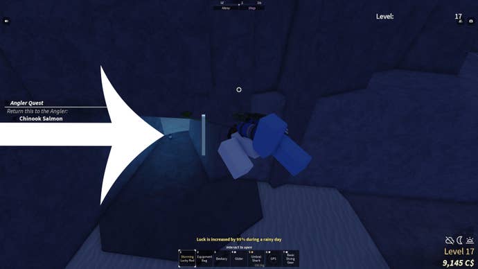 A Roblox character swimming towards an underwater tunnel in Fisch.