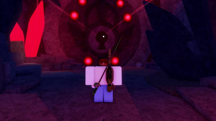 A fisherman standing in front of the door to The Depths in the Roblox experience, Fisch.