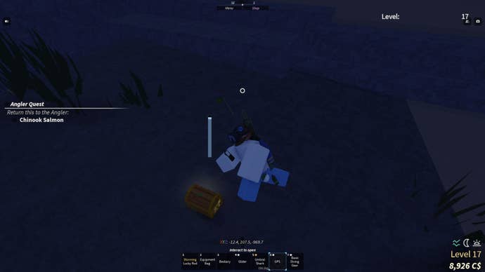 A diver swimming down to open a treasure chest in Fisch.