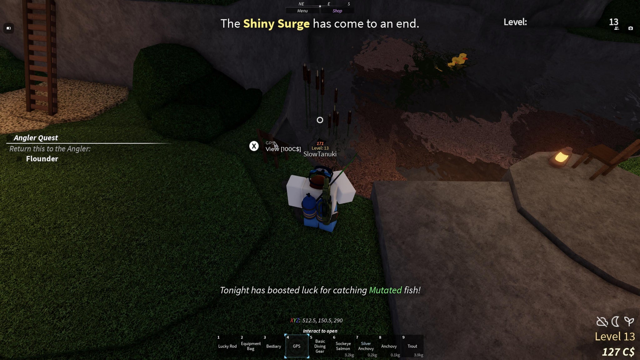 A player standing next to a purchasable GPS tracker next to Moosewood Pond in Roblox Fisch. - 4