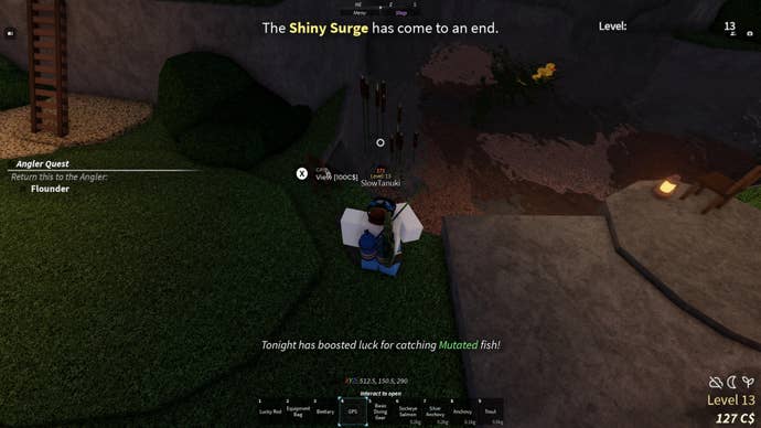 A player standing next to a purchasable GPS tracker next to Moosewood Pond in Roblox Fisch.