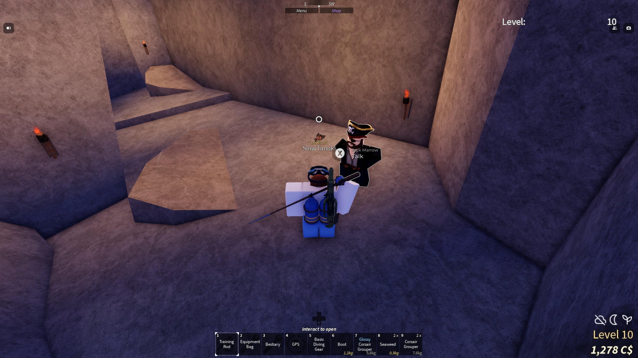 Jack Marrow, the treasure map fixing NPC in Forsaken Shores, in Roblox Fisch. - 1