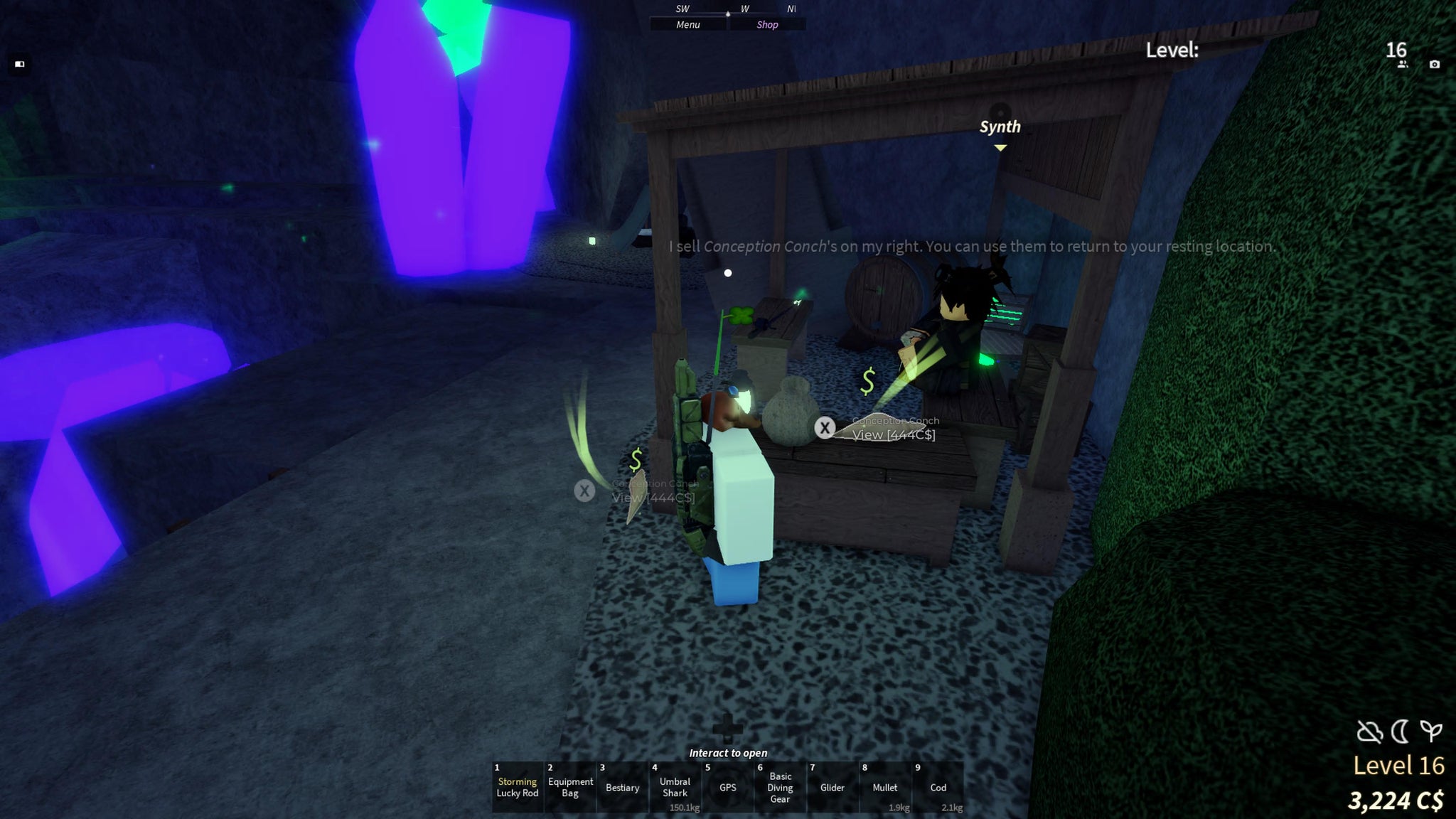 A character speaking to the merchant in Vertigo in the Roblox game, Fisch. - 5