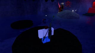A fisherman standing on an island in the Vertigo Dip in the Roblox game, Fisch.