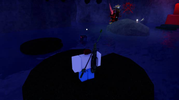 A fisherman standing on an island in the Vertigo Dip in the Roblox game, Fisch.