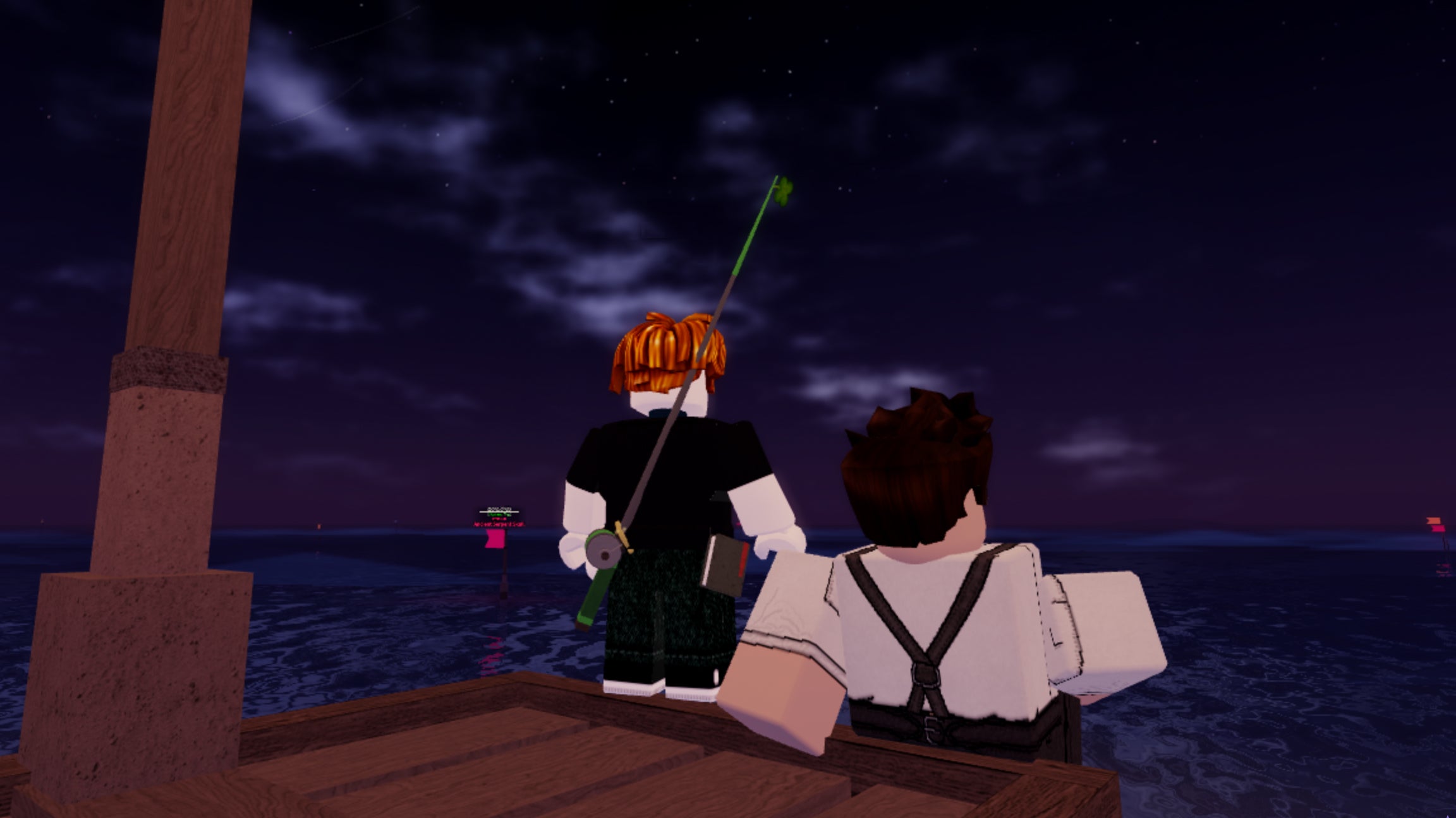 A Roblox character looking at the sky during the Moonlit Mirage event in Fisch.