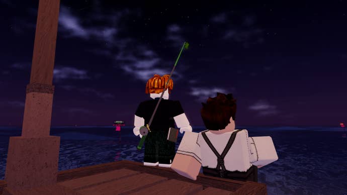 A Roblox character looking at the sky during the Moonlit Mirage event in Fisch.
