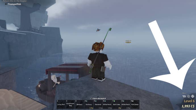 Arrow pointing at a user interface in Fisch, showing the game’s weather condition is rainy.