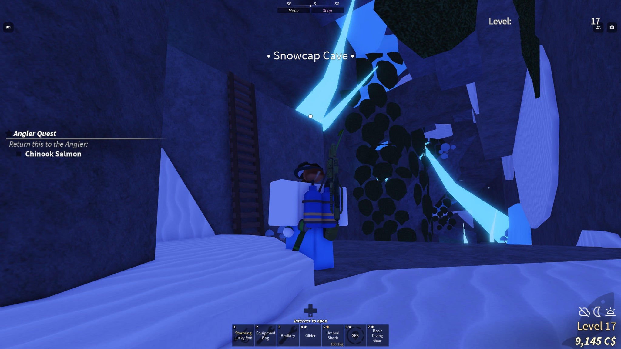 A Roblox character standing near a ladder in the Snowcap Cave location of Fisch. - 12