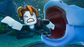 Stylised art for the Roblox game Fish It, showing a grimacing Roblox player trying to swim away from a large shark with its jaws agape ready to eat the player.
