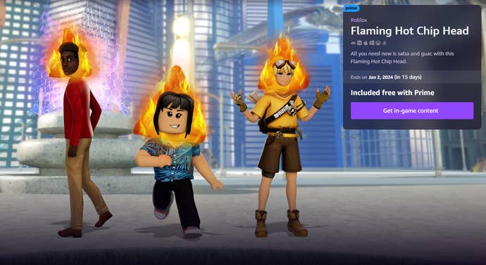 Three Roblox characters with Flaming Hot Chip Heads