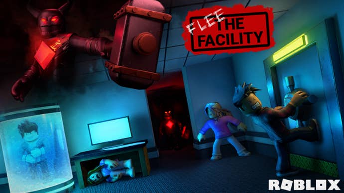 Two monsters threatens several Roblox figures as they try to unlock a door in a spooky lab. Text reads “Flee the Facility - Roblox”.