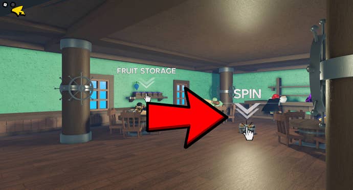 An arrow pointing at the spin option on the screen after selecting ‘Spin Fruit’ from the main menu.