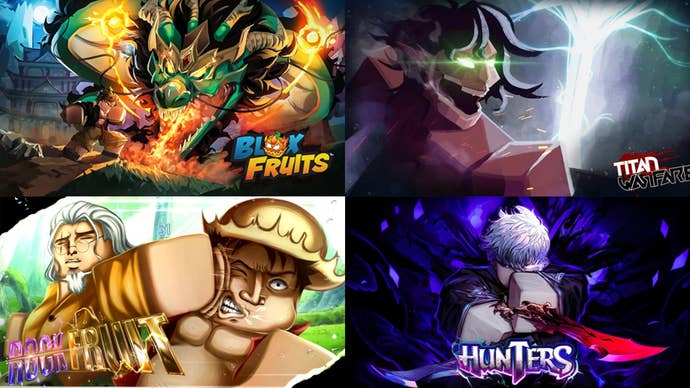 Artwork for Roblox games like Attack on Titan Revolution. The games featured are Blox Fruits, Titan Warfare, Rock Fruit and Hunters.