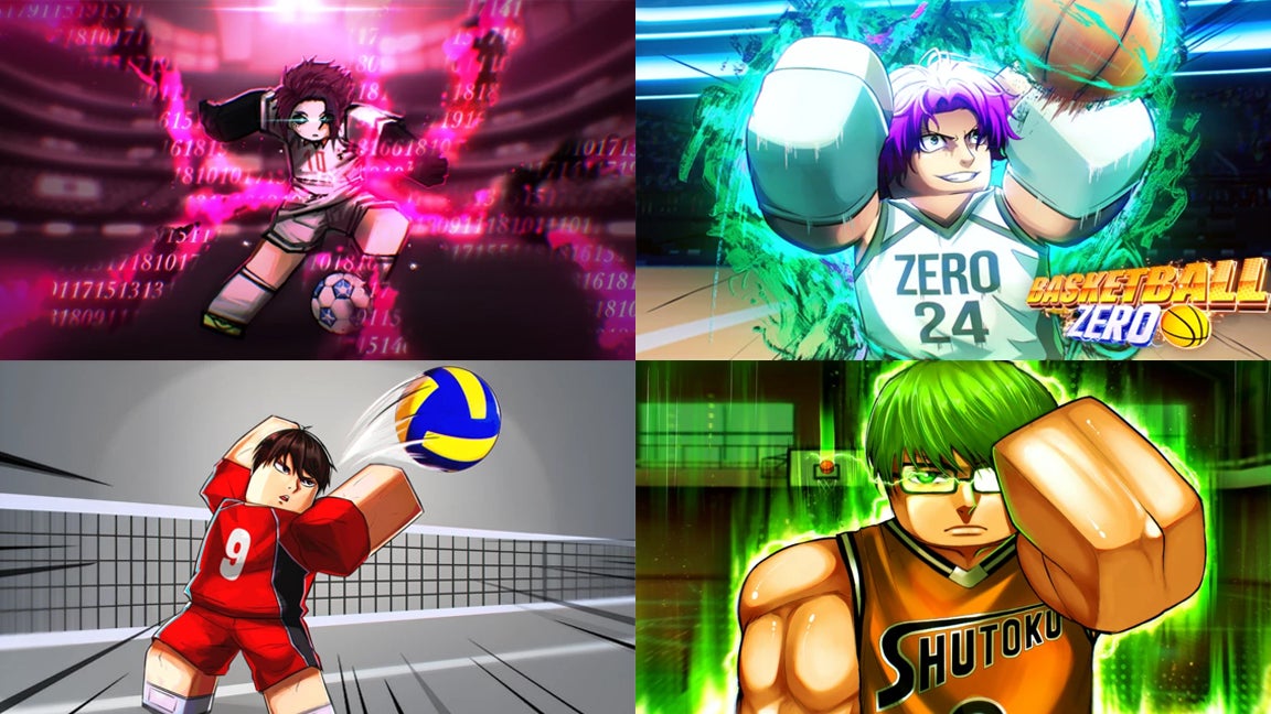 Artwork for Roblox games that are like Blue Lock Rivals. The games featured are Basketball Showdown, Basketball Zero, Volleyball Legends and Azure Latch. - 4