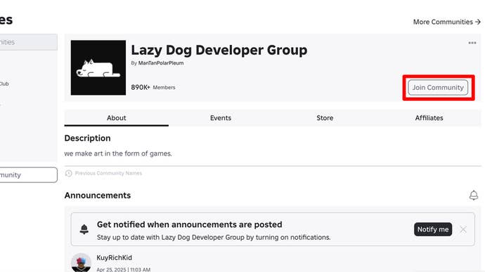 The Roblox group for Anime Rangers X with the Join Community button highlighted.