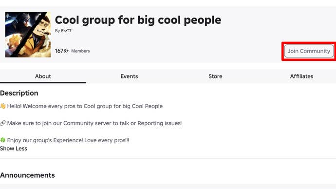 The Roblox group for Project Egoist with the Join Community button highlighted.