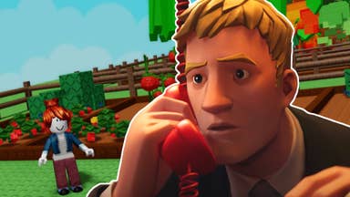 Fortnite's Agent Jones holding a red telephone handset to his ear with a surprised expression on his face, superimposed over a screenshot of a player in Roblox's Grow a Garden.