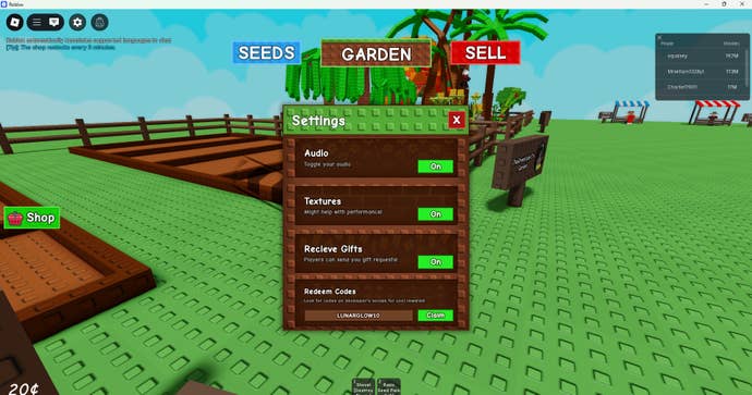 Grow a Garden's settings page, with a demonstration of the code redeem function, against a backdrop of lego-esque grass in Roblox.