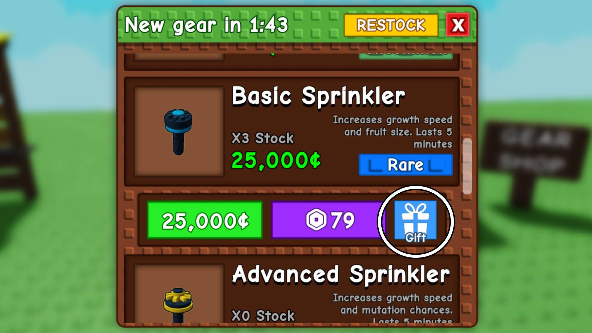 roblox grow a garden gear shop menu gift option