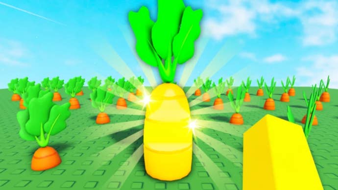 The player in Grow A Garden stands in front of a large glowing golden carrot amid a field of regular carrots.