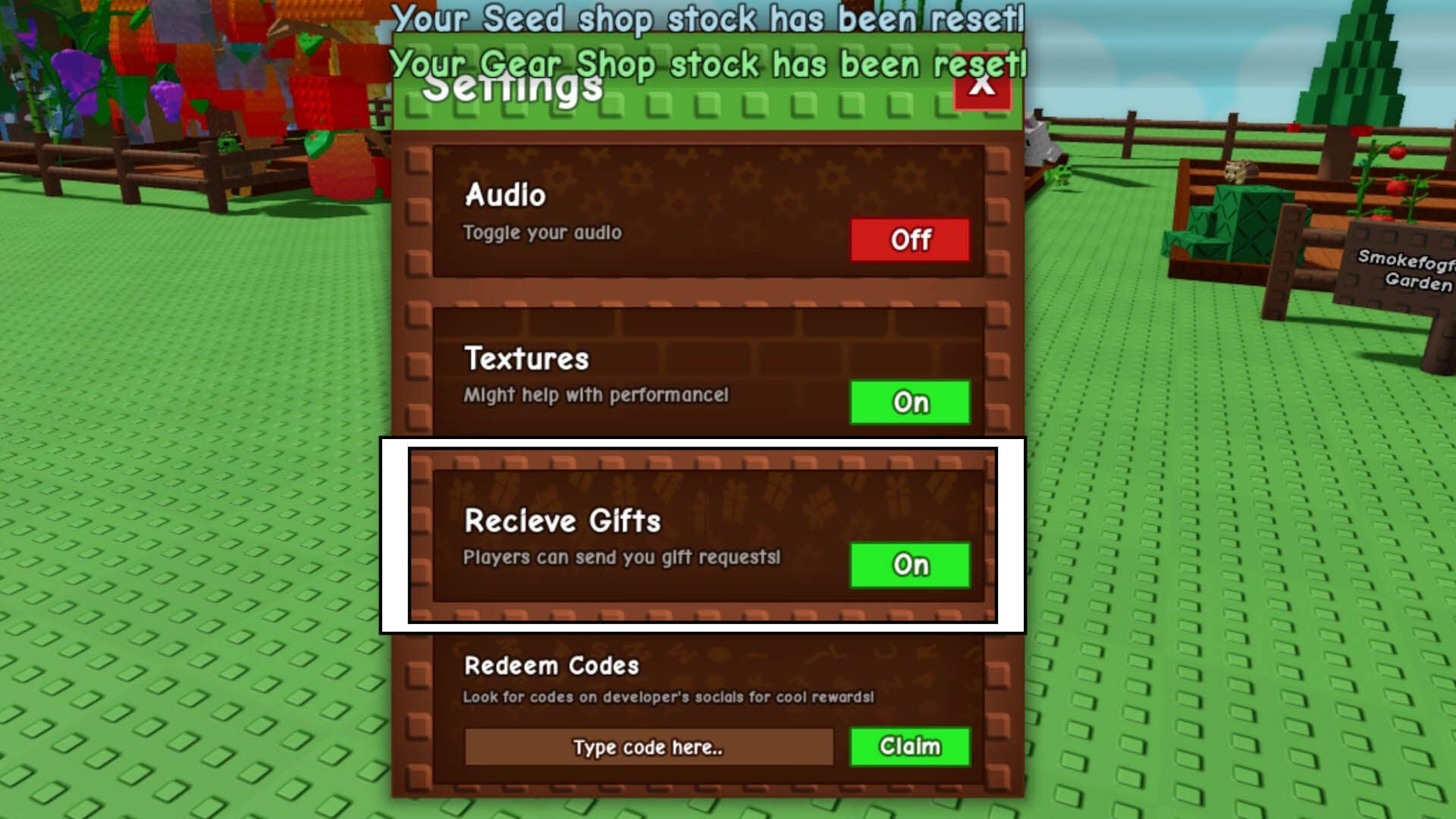 roblox grow a garden recieve gifts option settings