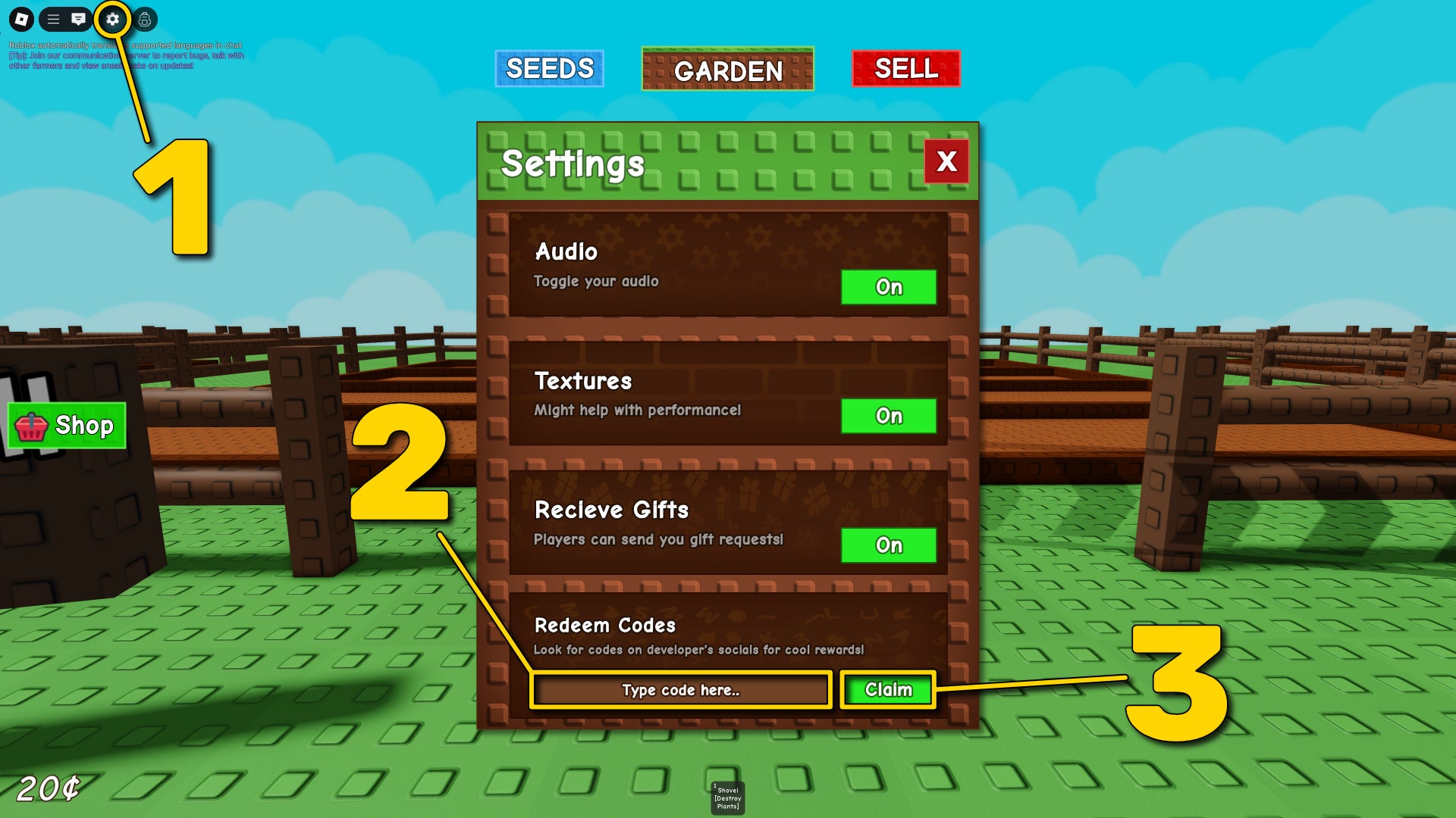 A screenshot of the settings menu in Grow A Garden, a Roblox game. The settings window sits in front of a shot of the player's empty garden at the beginning of the game. Yellow numbered annotations show the steps needed to open the settings menu and redeem codes in-game. - 3