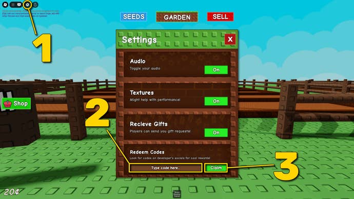 A screenshot of the settings menu in Grow A Garden, a Roblox game. The settings window sits in front of a shot of the player's empty garden at the beginning of the game. Yellow numbered annotations show the steps needed to open the settings menu and redeem codes in-game.