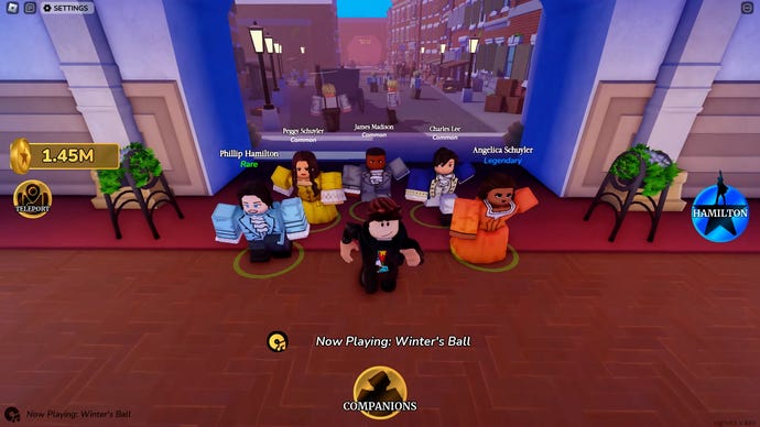 A group of characters accompany the player in Hamilton Simulator