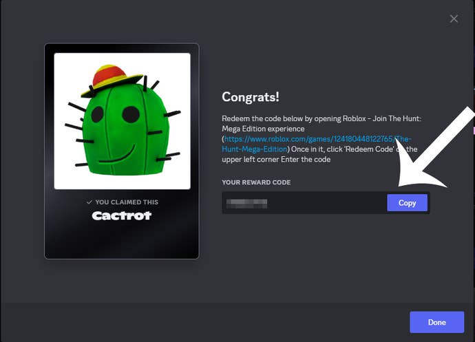 A Discord menu showing the Cactrot code for the Roblox Hunt event has been claimed, with an arrow pointing at a button for copying the code.