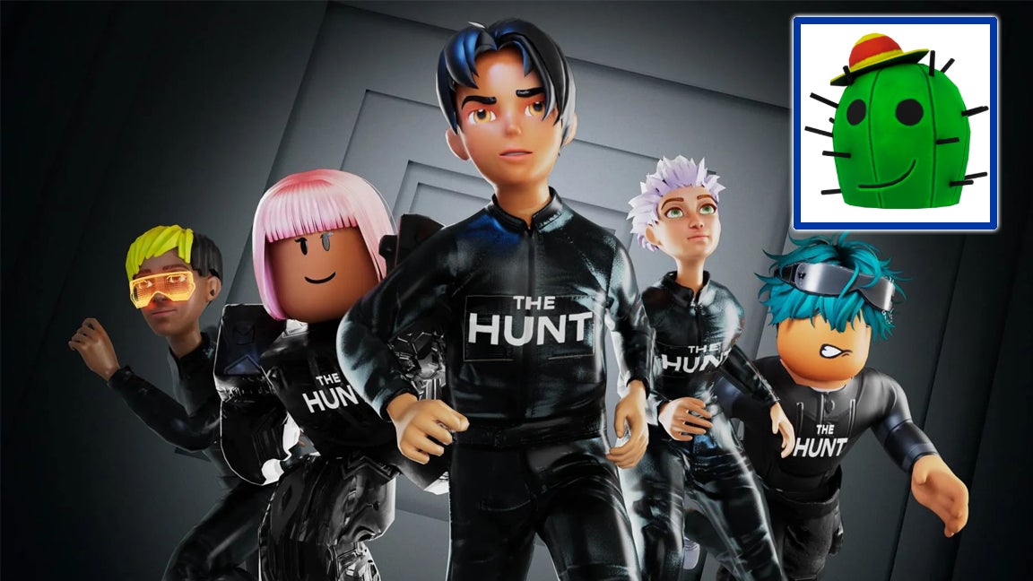 Artwork for the Roblox Hunt event, showing characters wearing black uniform with The Hunt logo, along with an image of the Cactrot item. - 1