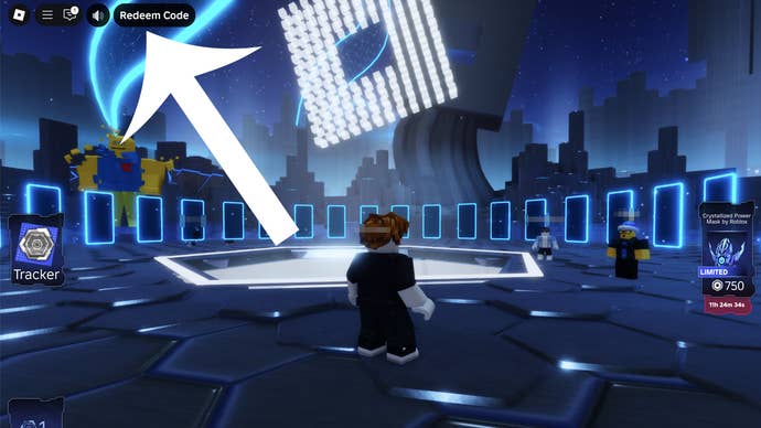 An arrow pointing at the button players need to press to redeem a code in the Roblox Hunt event.