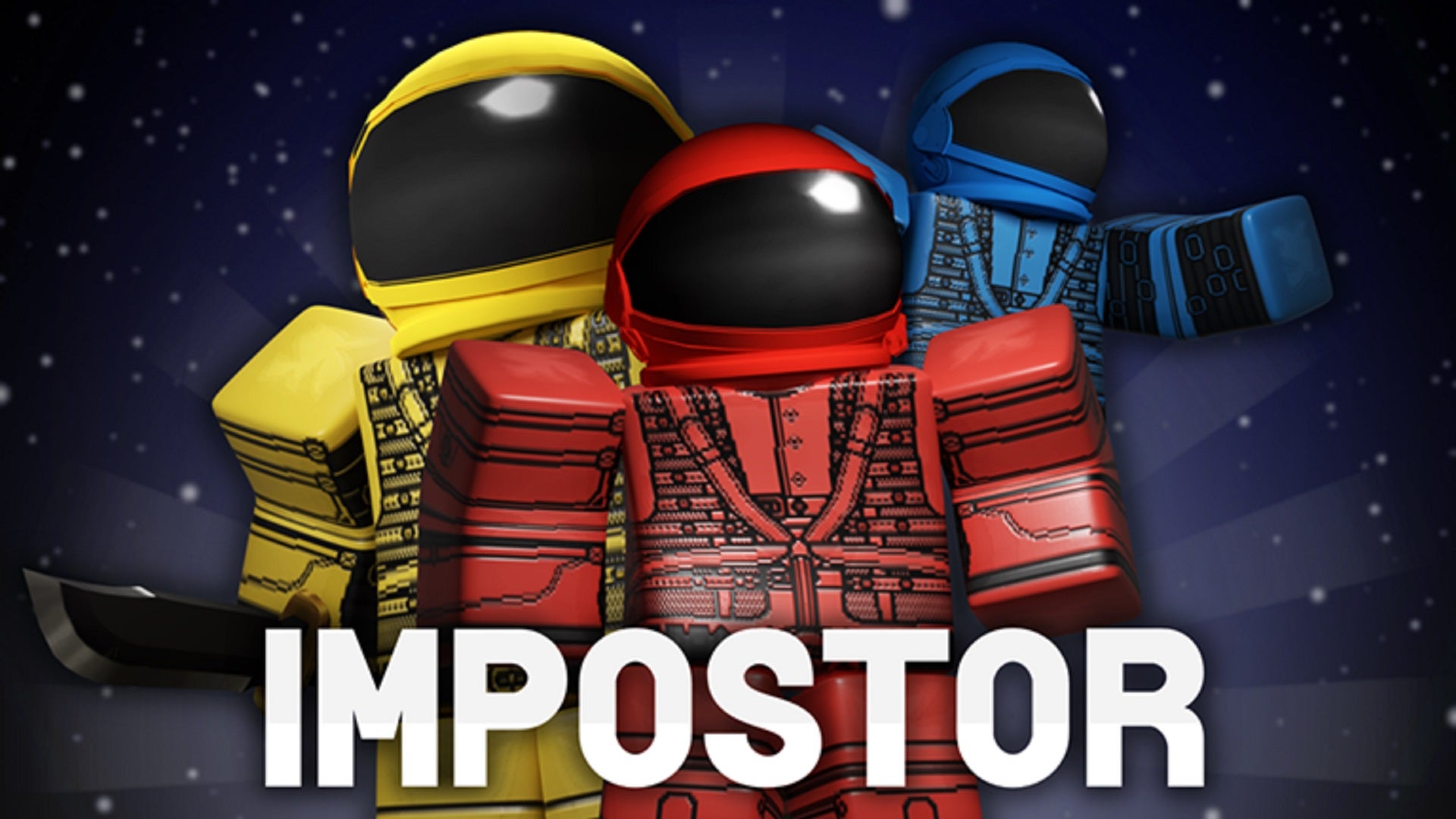Three space-suited Roblox characters in yellow, red, and blue, standing against an outer-space background. - 1