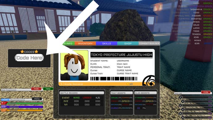 Arrow pointing at the menu used to redeem codes in the Roblox game Jujutsu Chronicles.