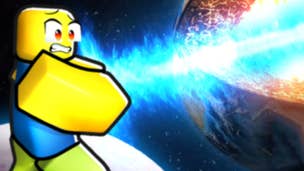 Artwork for the Roblox game Kamehameha Simulator, showing a Roblox character with superpowers attacking a planet and firing a beam of light.