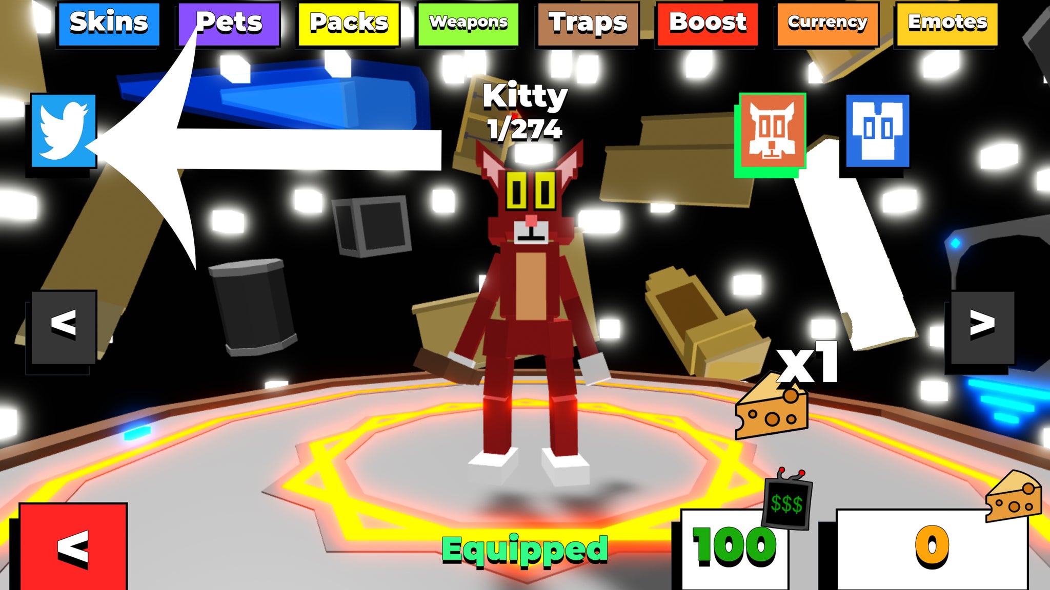 Arrow pointing at the codes button in the Roblox game Kitty. - 4