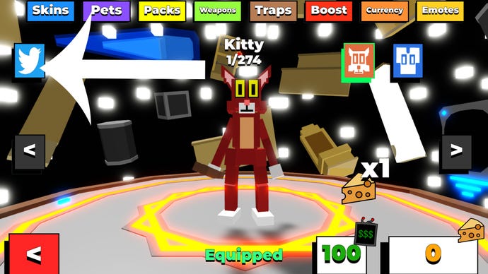 Arrow pointing at the codes button in the Roblox game Kitty.