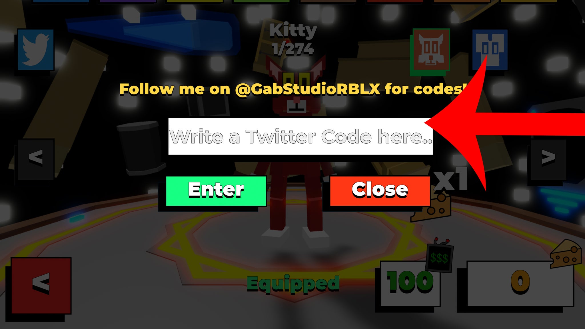 Arrow pointing at the codes menu in the Roblox game Kitty. - 5