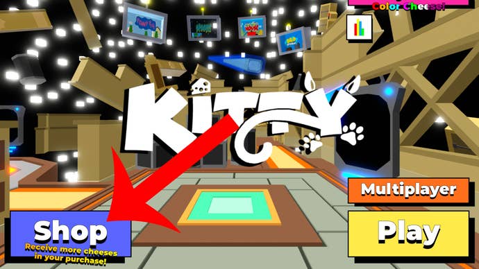 Arrow pointing at the shop button in the Roblox game Kitty.