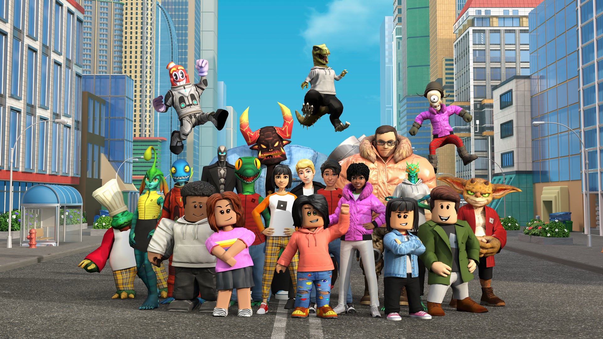 Multiple Roblox characters standing in a street - 1