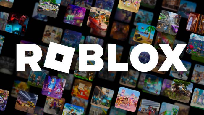 Roblox logo with multiple game screens behind it