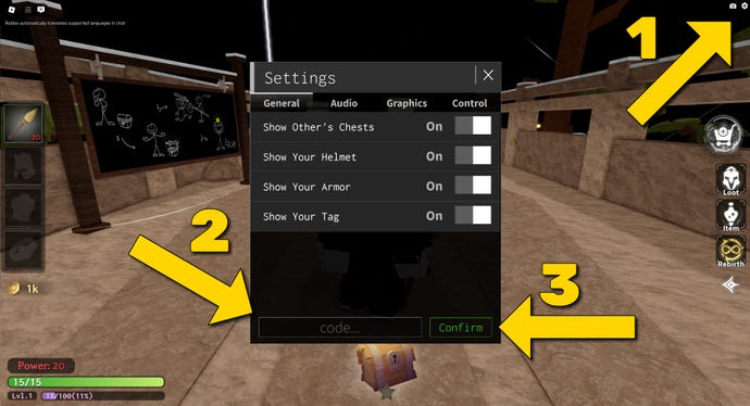 The code redeem window in Lootify, a Roblox game, with yellow arrows and numbers explaining the code redemption process.