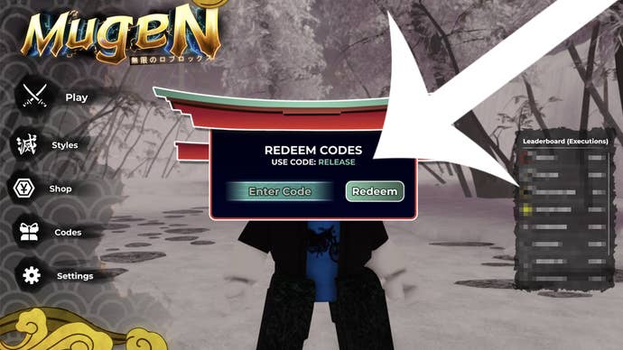 An arrow pointing at the codes menu in the Demon Slayer-inspired Roblox game Mugen.