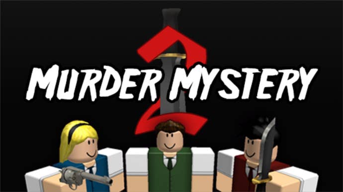 Three Roblox figures, two armed with a gun and a knife. A stylised sword in the background intertwines with text reading “Murder Mystery 2”.