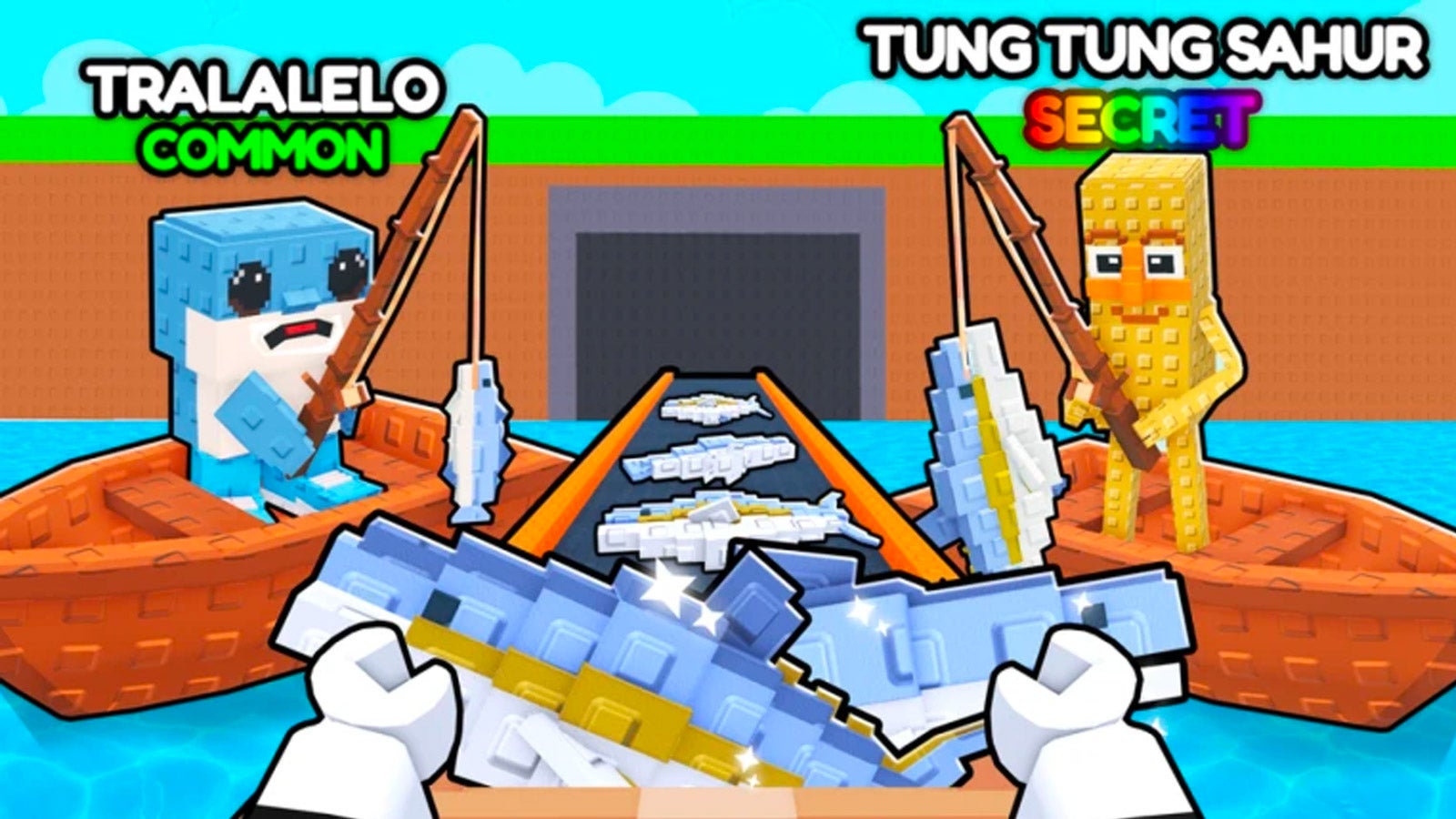 Artwork for the Roblox game My Fishing Brainrots, showing a character at the end of a conveyor belt collecting fish, and two brainrot characters on a boat fishing. - 1