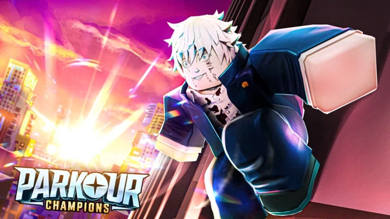 Artwork for the Roblox game Parkour Champions, showing an anime-inspired character perched on a high-rise building. - 1