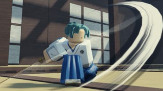 A Roblox character slashes a sword, which causes a swishing animation to appear, in the Bleach-inspired game Peroxide.