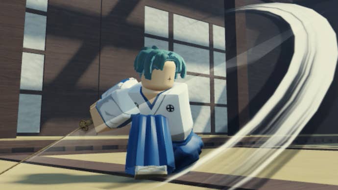 A Roblox character slashes a sword, which causes a swishing animation to appear, in the Bleach-inspired game Peroxide.