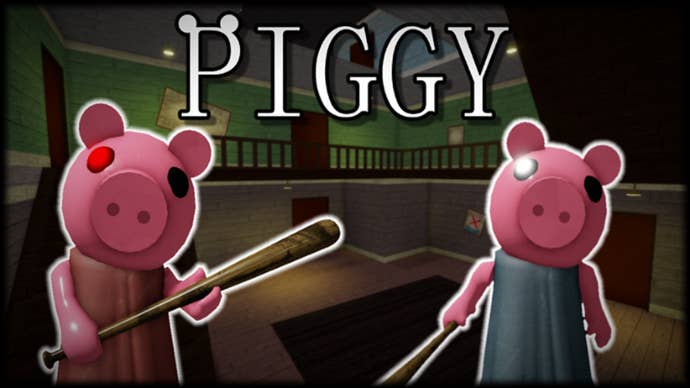 A pair of anthropomorphic pigs armed with baseball bats stand threateningly in an ordinary house. Text in image reads “Piggy”.