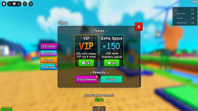 Plants Vs Brainrots store popup screen, simple Roblox menu interface on a blurred background showing a Roblox garden.